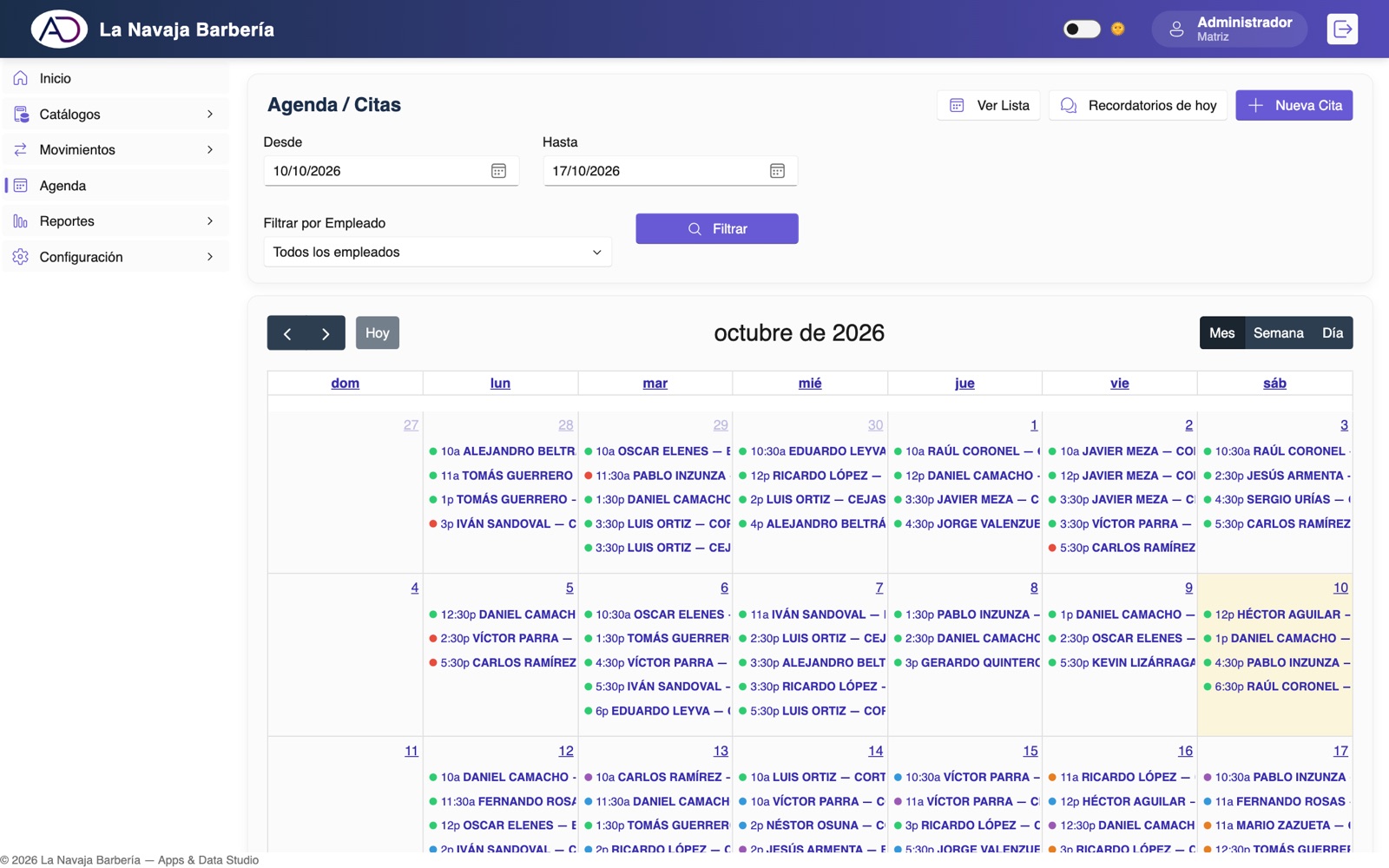 Agenda: captura con datos de ejemplo