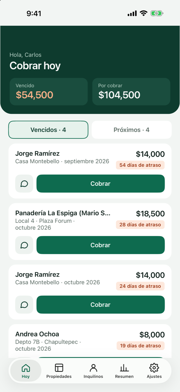 Pantalla Cobrar hoy de RentaFácil: quién te debe, cuánto y desde cuándo