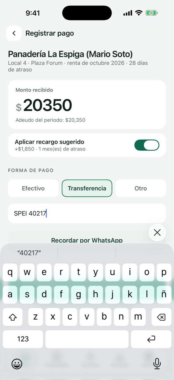 Pantalla Registrar pago con monto prellenado, forma de pago y referencia