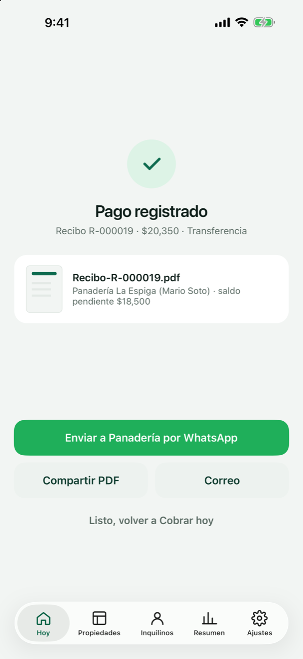 Pantalla de recibo con opciones para enviarlo por WhatsApp, compartir o enviar por correo