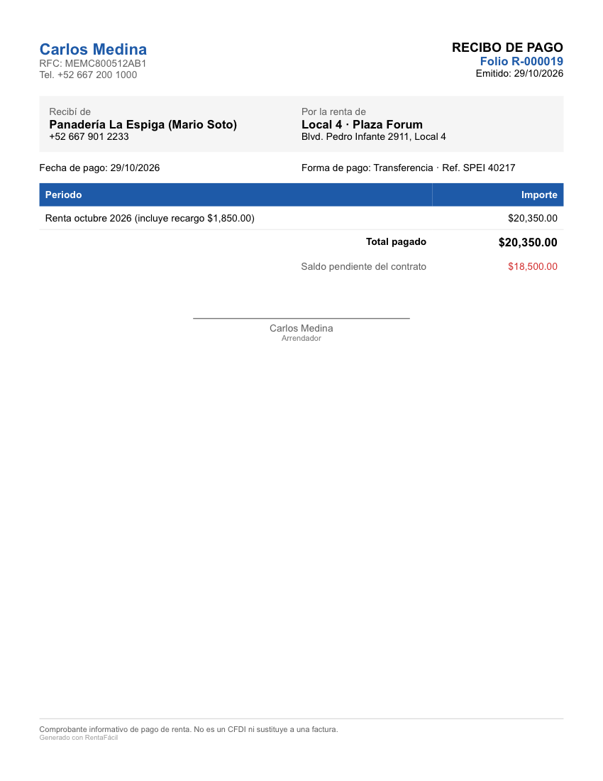 Recibo de pago de ejemplo con folio R-000019, desglose del periodo, total pagado y saldo pendiente